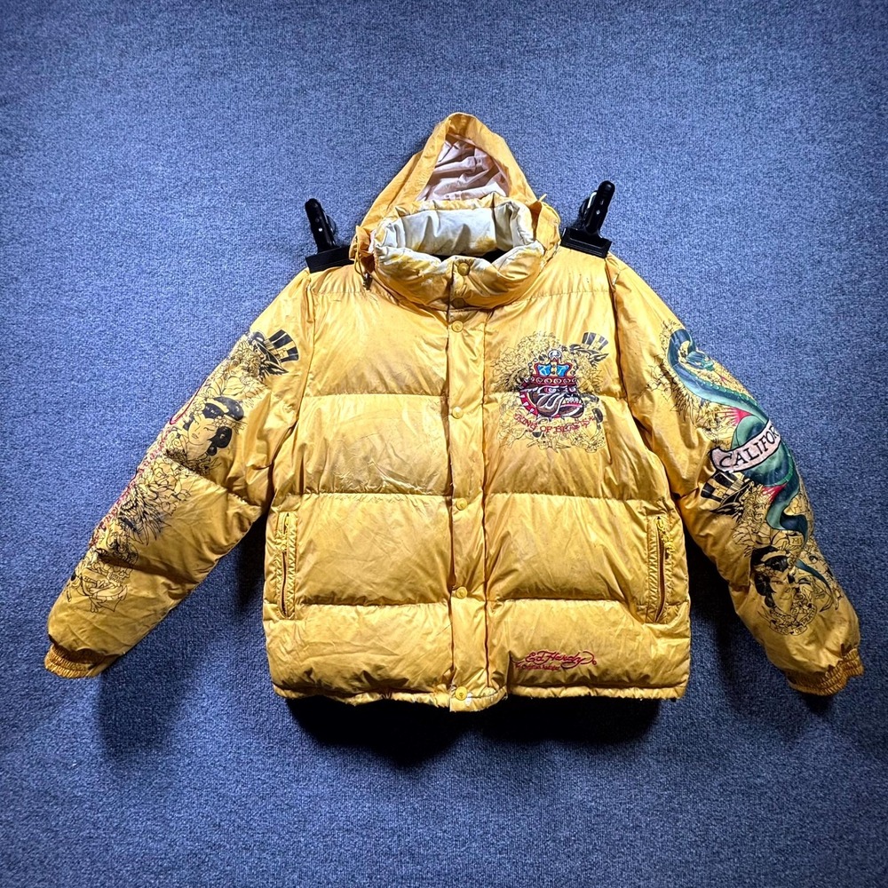 Vintage Ed Hardy Puffer Jacket Men's 2XL Yellow Skull Graphic Y2K THRASHED